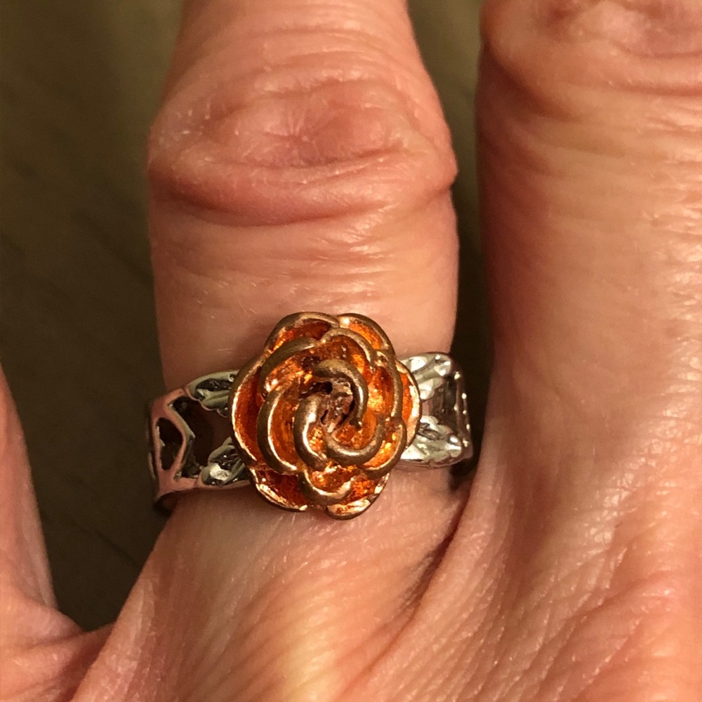 Vintage Silver Tone and Red-Orange Rose Ring